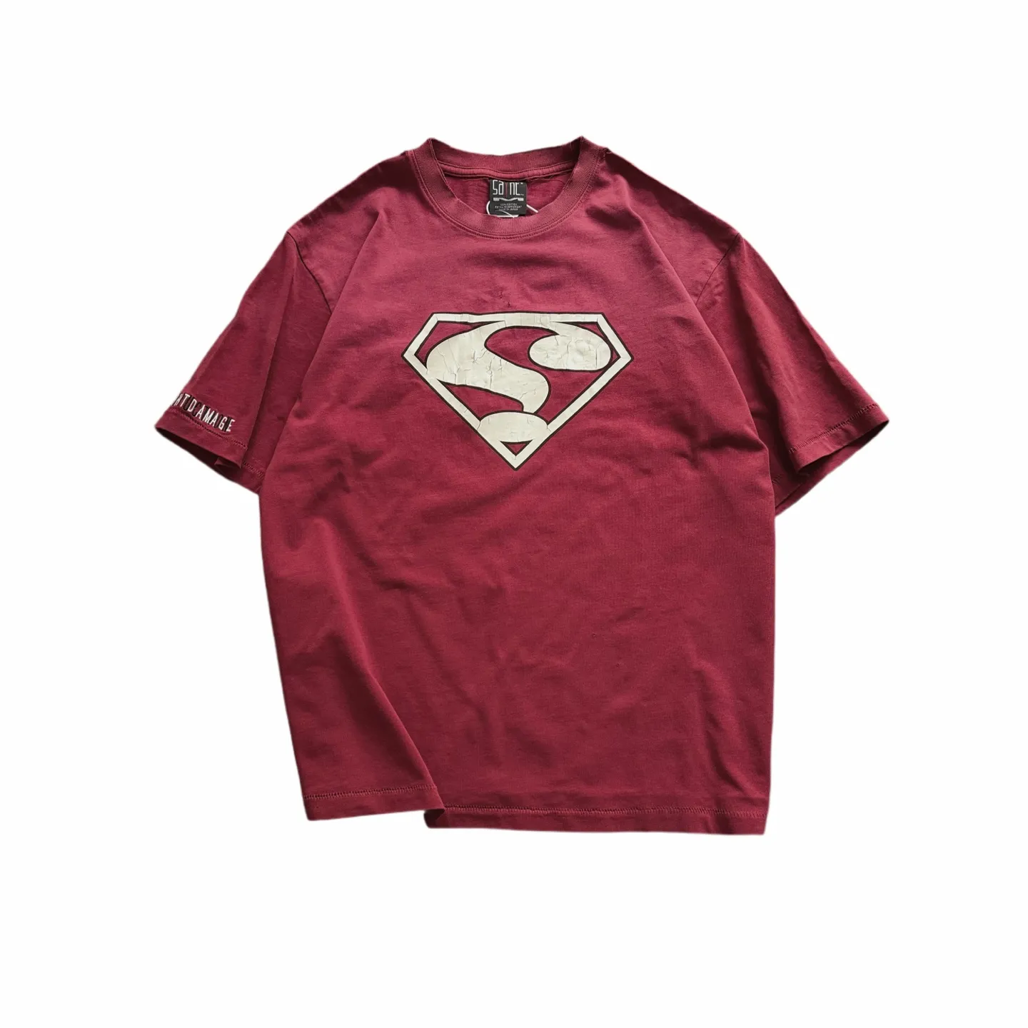 ❥8046 P136 Saint Mxxxxxx Burgundy distressed short-sleeved Superman series, made of pure cotton fabric, 290g, loose fit, process: cracked pulp printing/self-tearable + holes + spray-coded batik, fried and washed, size: (S-M-L-XL), color: washed burgundy